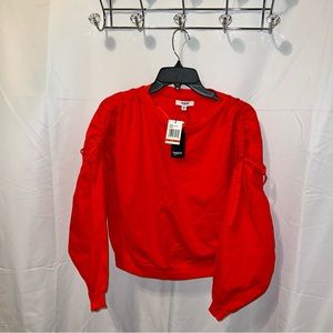 Kensie Jeans Poppy Red Ruched Bow Tied Drop Shoulder Crewneck Top